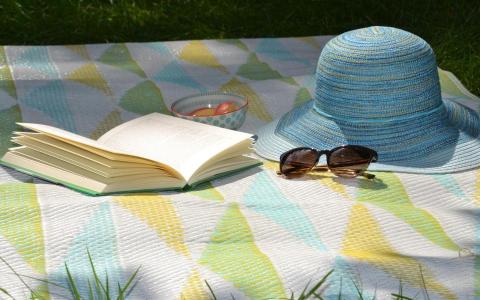 Picknickdecke mit Sommerhut, Sonnenbrille und aufgeschlagenem Buch